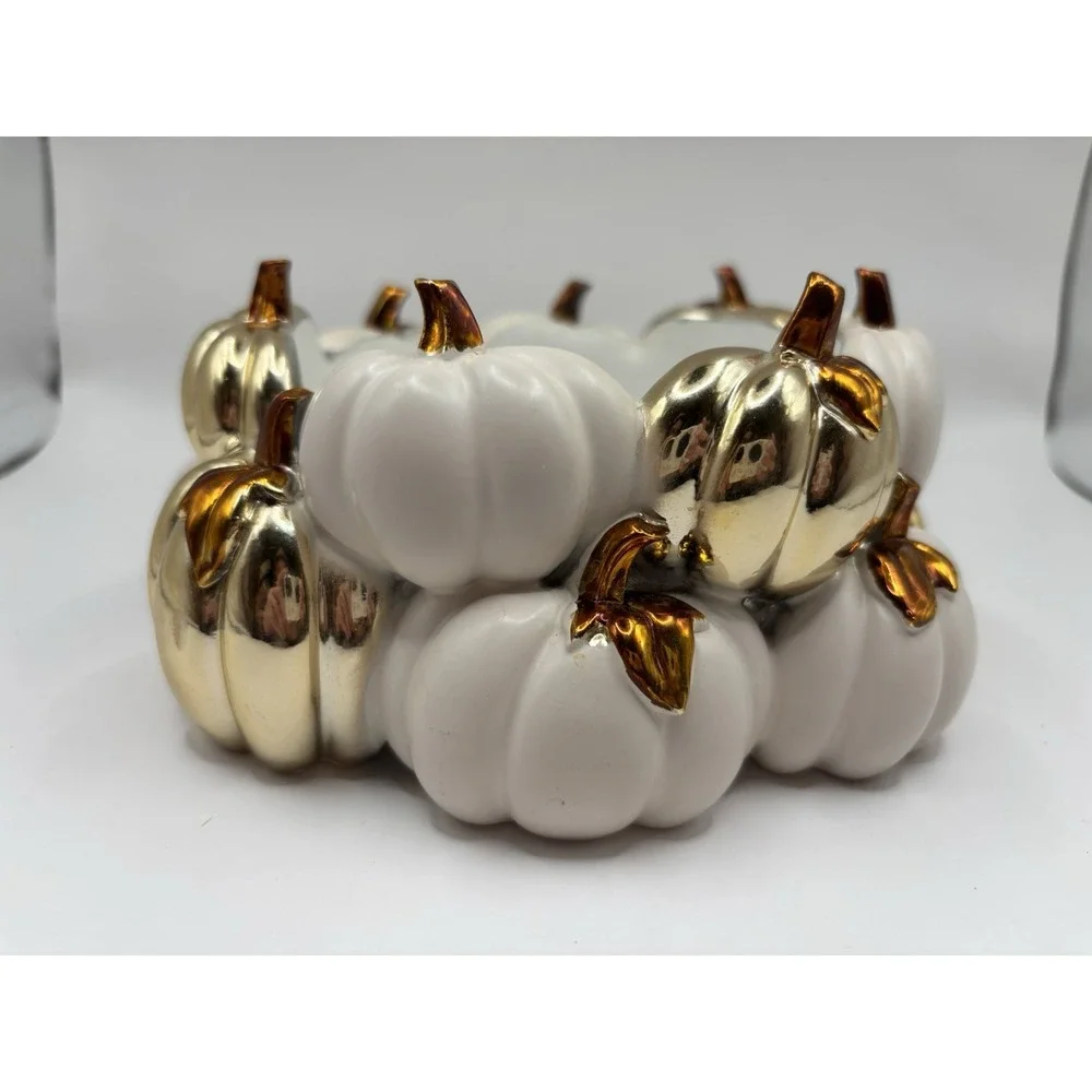 BATH & BODY WORKS WHITE & GOLD PUMPKIN PATCH CANDLE HOLDER FOR 3 WICK CANDLES
